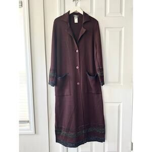 Magic Italy Burgundy Merino Wool Longline Stripe Border Button Cardigan Duster M